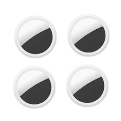 Four white circular GPS trackers with a split white and dark grey face arranged in a grid.