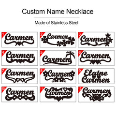 A grid of twelve custom name necklace font and design options made of stainless steel.