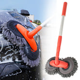 A telescopic car wash mop with two rotating chenille brush heads and an adjustable handle.