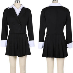 A black two-piece set featuring a double-breasted blazer with white cuffs and a pleated mini skirt.