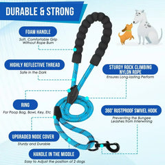 A blue reflective double dog leash with a foam handle, swivel hook, and two traffic handles.