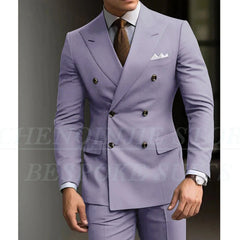 A man wears a light purple double-breasted slim-fit suit with a brown tie and white pocket square.