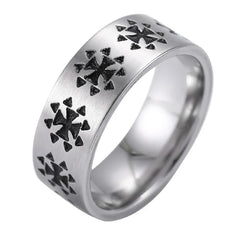 A brushed titanium steel ring featuring a repeating pattern of engraved black Christian crosses.