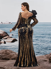 Lucyinlove Plus Size Luxury Ruffled Sequins Evening Dresses Elegant Long Sleeve Mermaid Formal Wedding Party Cocktail Gowns