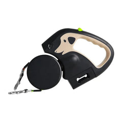 A black retractable dual dog leash with a dog-shaped handle and integrated lights.