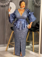 Plus Size African Party Dresses for Women Dashiki Sequin Sexy Bodycon Slit Long Dress Elegant Turkey Muslim Wedding Evening Gown