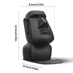 A black Moai statue phone stand and glasses holder with dimensions labeled on the image.