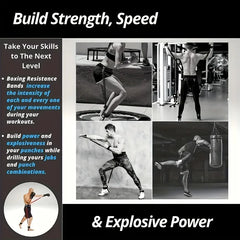 A resistance band training set for boxing and full body strength exercises.