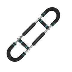 An adjustable spring arm exerciser with black foam grips and teal accents on a metal frame.