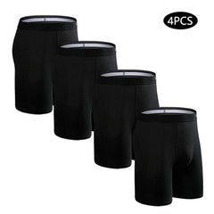 A set of four black cotton long-leg boxer shorts for men with elastic waistbands.