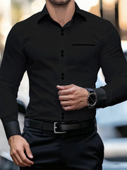 Men's Business Color Block Collar Long Sleeve Shirt, Slim Fit, Wrinkle-Free, Black and White Patchwork Shirt, Men's Fashion Top
