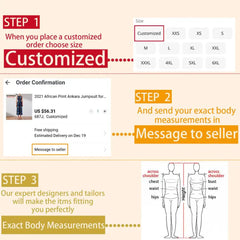 An infographic showing three steps to order a custom-fitted African print Ankara dress.