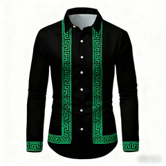Men's Retro Geometric Print Long-Sleeve Shirt, Stylish Black and White Color-Blocked Slim Fit Shirt, Casual and Versatile Top