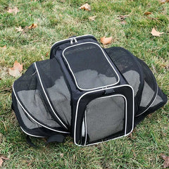 A black, foldable pet carrier with mesh panels sits on a grassy lawn.