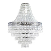 A tiered acrylic chandelier shade featuring clear hanging droplets and a decorative silver frame.