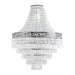 A tiered acrylic chandelier shade featuring clear hanging droplets and a decorative silver frame.