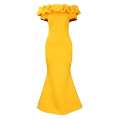A bright yellow, floor-length off-shoulder dress featuring a ruffled neckline and a slim fit.