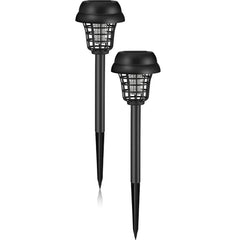 Two black solar-powered bug zapper stakes with protective cages and ground spikes.