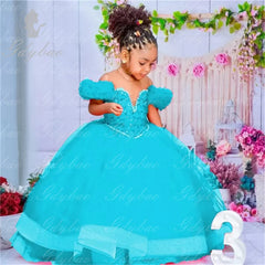 Flower Girl Dresses Red Kids Birthday Sheer Neck Pleated Ruffles Tiered Tulle Ball Gowns for Wedding