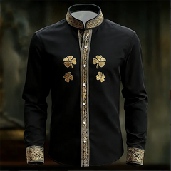 New men's floral long sleeved shirt with gold 3D clover print, fashionable and luxurious long sleeved shirt top