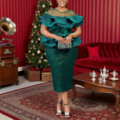 Customized Sequin Patchwork Bodycon Dress Women Tierred Ruffle 3D Flower Elegant Chic Christmas Party Stylish Evening Gown