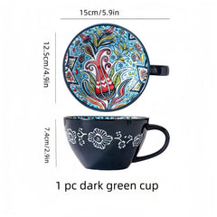A dark green ceramic mug featuring a colorful bohemian floral pattern inside and white flower art.