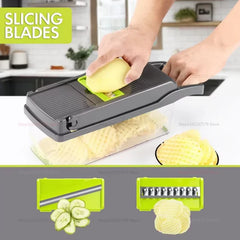 A multifunctional kitchen chopper with interchangeable blades for slicing vegetables and potatoes.