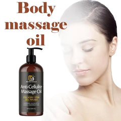 A bottle of M3 Naturals anti-cellulite massage oil with collagen and stem cells.