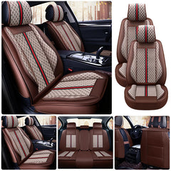Brown PU leather car seat covers featuring a patterned fabric insert with a red and green stripe.