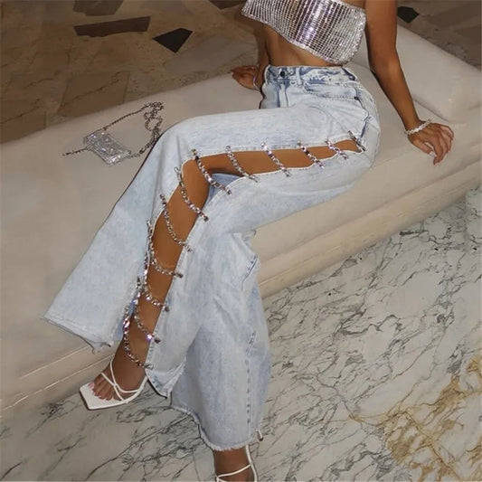 Crystal Chain Women Wide Leg Baggy Jeans High Waist Hollow Out Summer Pants Denim Trousers Y2K Streetwear Side Split Loose Jeans SHOWLU FASHION STORE
