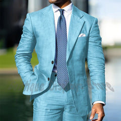 Blue Linen Single Breasted Men Suit Two Pieces(Jacket+Pants) Outfits Casual Party Prom Wedding Set