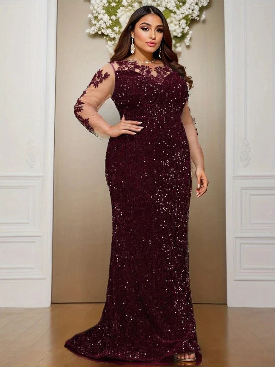 O Neck Illusion Long Sleeve Evening Party Dress Lace Flowers Sequin Mesh Floor Length Prom Gown Elegant Women Plus Size SHOWLU FASHION STORE