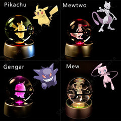 Four Pokemon crystal ball night lights featuring Pikachu, Mewtwo, Gengar, and Mew on lit bases.