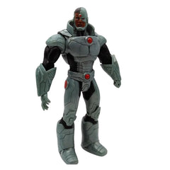 A Cyborg action figure from the Justice League series with grey armor and red accents.