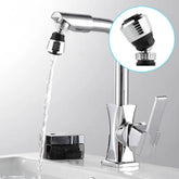 A chrome 360-degree rotary faucet nozzle with an anti-splash filter attached to a kitchen tap.