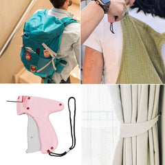 A pink handheld micro stitch tag gun used for quickly fastening fabric and clothing items.