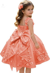3D Floral with Bow Luxury Flower Girl Dress Wedding Thin Strap Backless Knee-Length Kid Pageant Party Birthday Event Dress