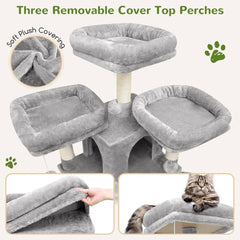 A grey cat tower with three removable plush perches and scratching posts.