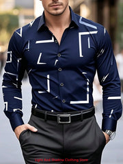 Men's fashionable business casual long sleeved lapel shirt with irregular lines and comfortable printed men's street shirt