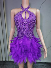 Fashion 2025new sexy Latin dance dress with airy hollow design, feather skirt hanging neck skirt