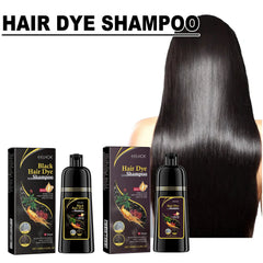 Two bottles of EELHOE black hair dye shampoo with their boxes next to long dark hair.