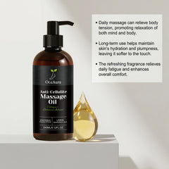 A bottle of OceAura anti-cellulite massage oil sits next to a golden oil droplet.