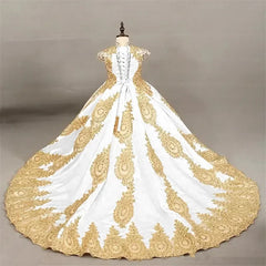 JDY Custom Girls' Sleeveless Ball Gown with Intricate Gold Lace Embroidery & Long Train - Elegant Princess Dress for Special Occ