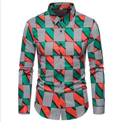 A men's long-sleeved button-down shirt featuring a geometric pattern of green, orange, and white.