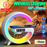A white, C-shaped wireless charging station with a digital clock, Bluetooth speaker, and colorful LED light.