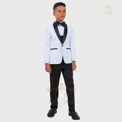 Boys' formal suit 3 pcs white jacket vest pants with black tie, kids' uniform set custom tuxedo for wedding prom birthday party