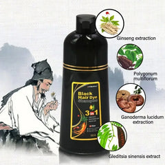 A bottle of 3-in-1 black hair dye shampoo surrounded by images of its herbal ingredients.