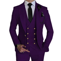 A slim-fit purple three-piece suit featuring a double-breasted vest with gold buttons.