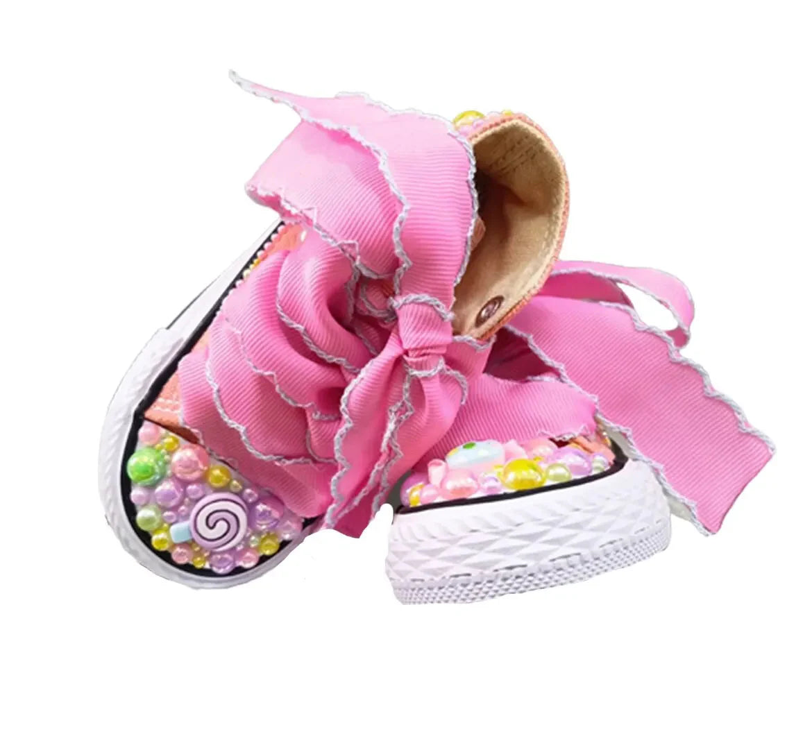 Random Lollipop Rainbow Candy Canvas Simulation DIY Kids Pearls Sneakers For Girl Birthday Party Dollbling Handmade Bling Shoes SHOWLU FASHION STORE