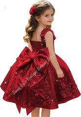 3D Floral with Bow Luxury Flower Girl Dress Wedding Thin Strap Backless Knee-Length Kid Pageant Party Birthday Event Dress